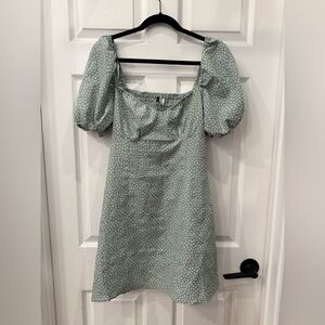 Sage green floral puffed sleeves mini dress with sweetheart neck